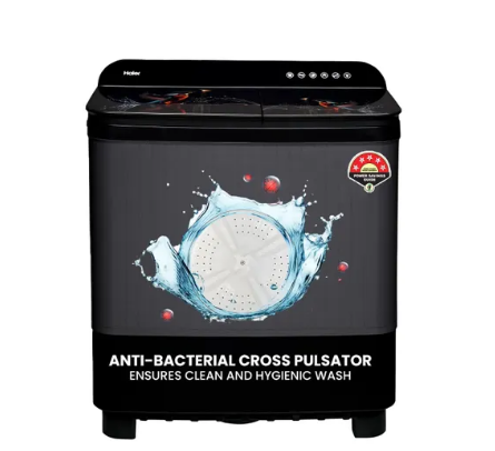 Haier 9 Kg Semi Automatic Top Load Washing Machine with Toughened Glass Anti Baterial Vortex Pulsator Softfall Technology Magic Filter Castor Wheels Anti Rat Mesh HTW90-178FL Black