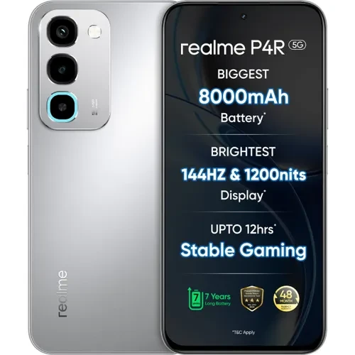 realme P4R 6GB RAM 256GB Storage  MediaTek Dimensity 6300  8000 mAh Battery  Reverse Charge  Silver Glare