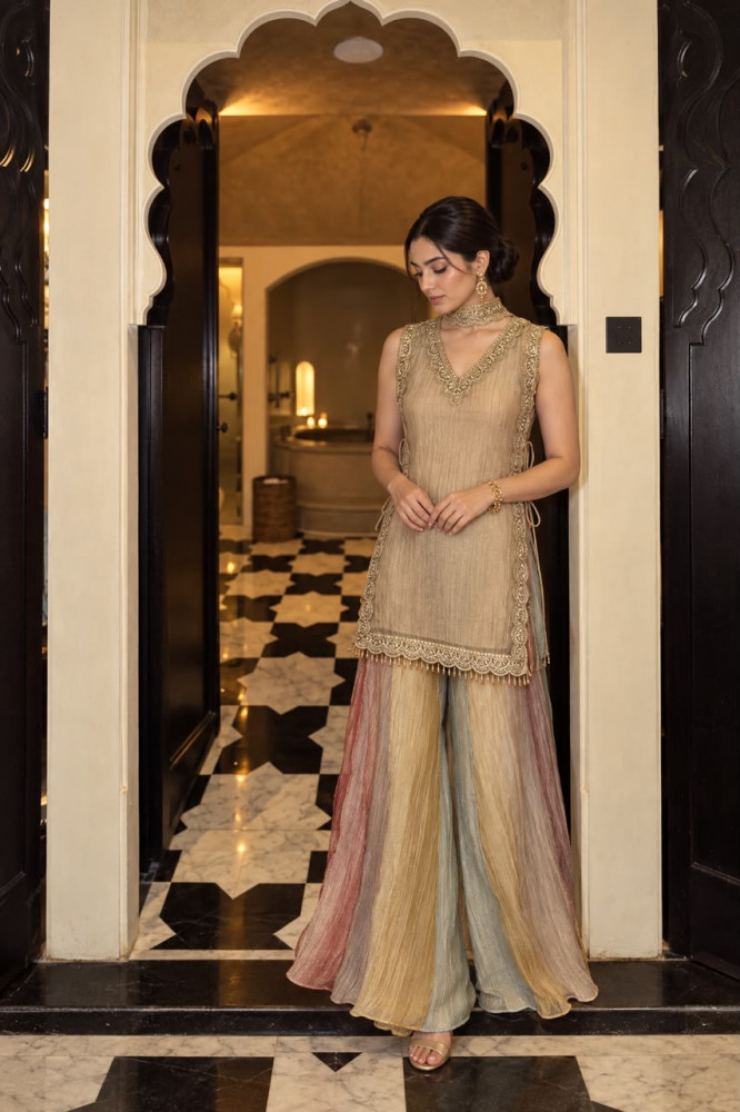 Image of Pure Tissue festive coord set with intricate hand work