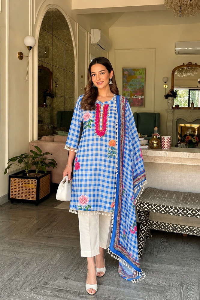 Image of Mul Cotton checkered Kurta set with Farsi pants