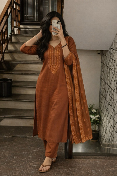 Pure Mul cotton self embroidered kurta set