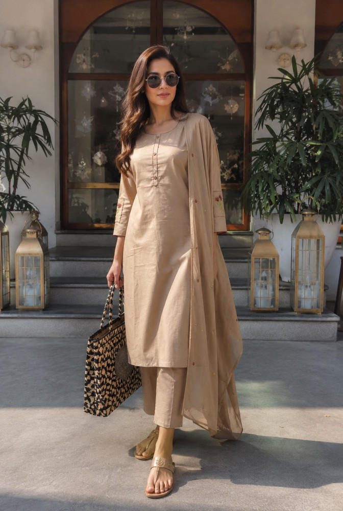 Image of Pure cotton Embroidered monochrome kurta set