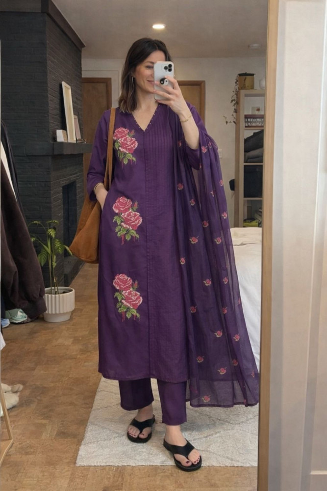 Image of Pure cotton cross stitch kurta set