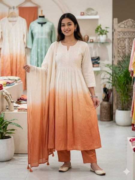 Mul cotton ombré Chikankari kurta set with ombré lining