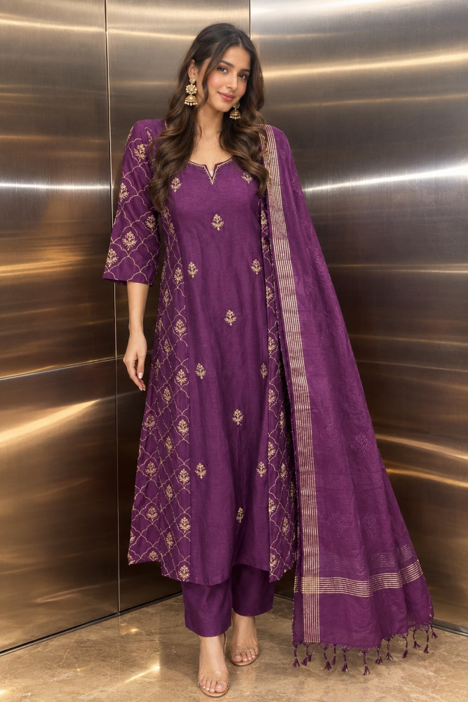 Image of Pure Mul chanderi  fit and flared kurta set with intricate hand work