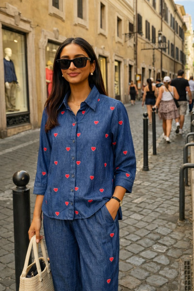 Cotton Denim Heart Embroidered Co-ord set