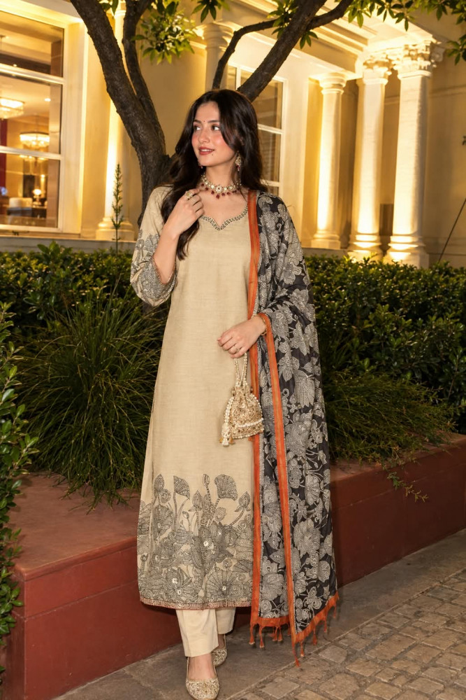 Image of Pure cotton silk kurta set with kalamkari dupatta