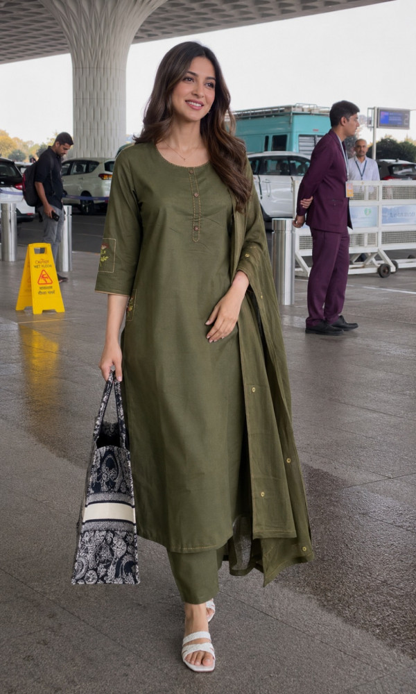 Image of Pure cotton Embroidered monochrome kurta set
