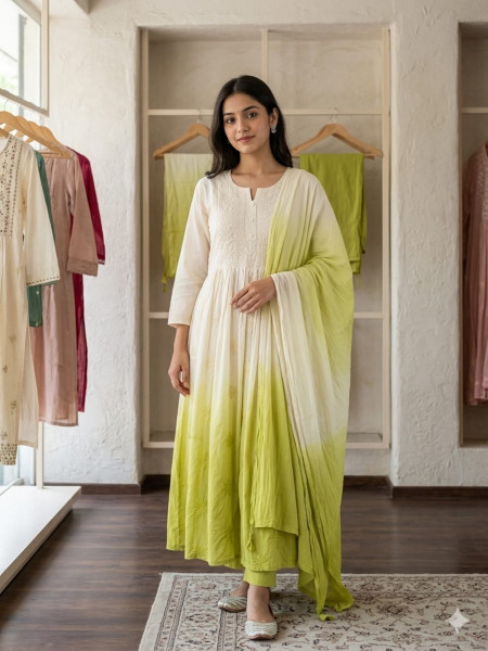Mul cotton ombré Chikankari kurta set with ombré lining