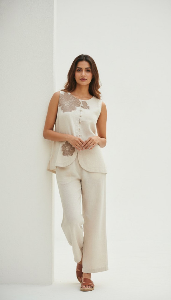 Image of Linen Co-ord set with appliqué work with 3/4 sleeves