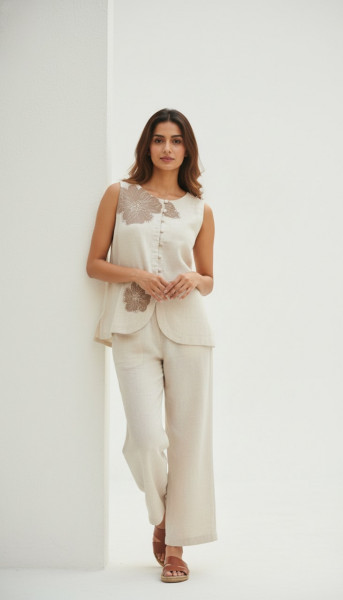 Linen Co-ord set with appliqué work with 3/4 sleeves