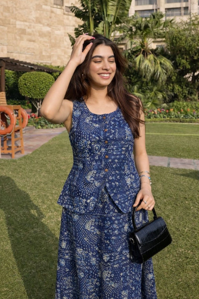 Indigo coordinated vest and skirt set