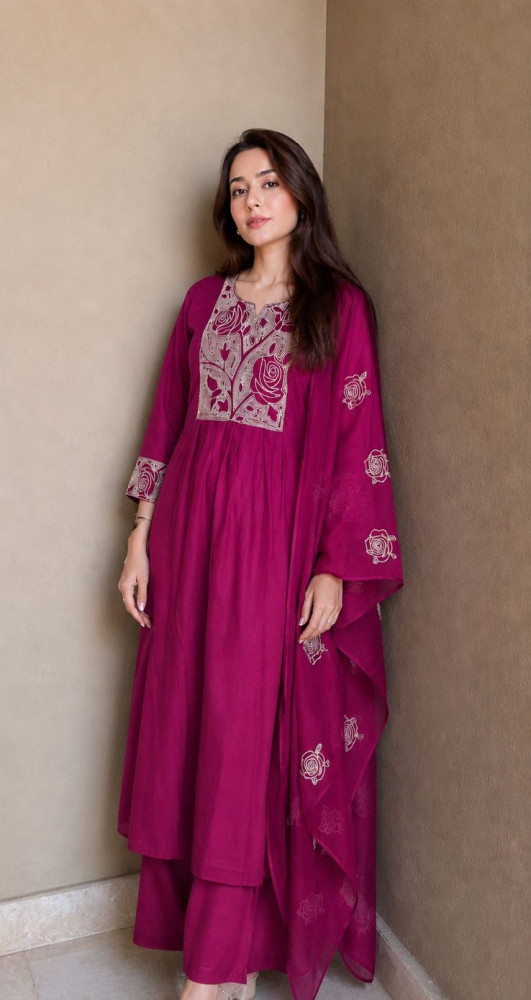 Image of Pure cotton rose Kantha stitch kurta set