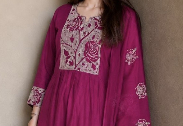 Pure cotton rose Kantha stitch kurta set
