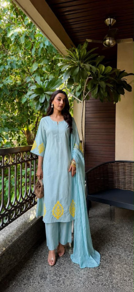 Pure cotton appliqué work kurta set