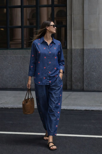 Cotton Denim Heart Embroidered Co-ord set