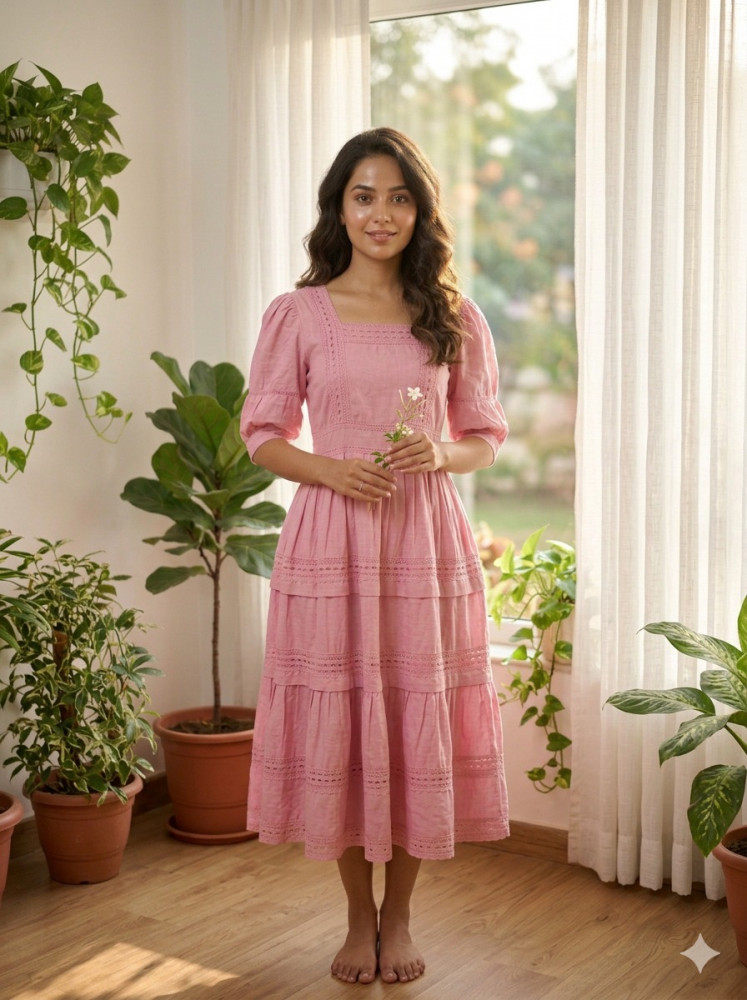 Image of Mul Cotton Dress with Lace Detailing