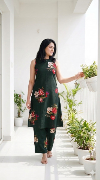 Pure cotton floral halter neck kurta paired with pants and 3/4 additional sleeves