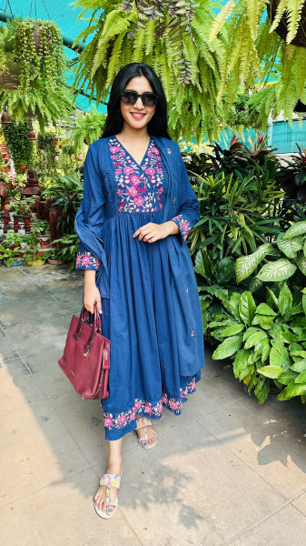 Mul Cotton embroidered fit and flare kurta set