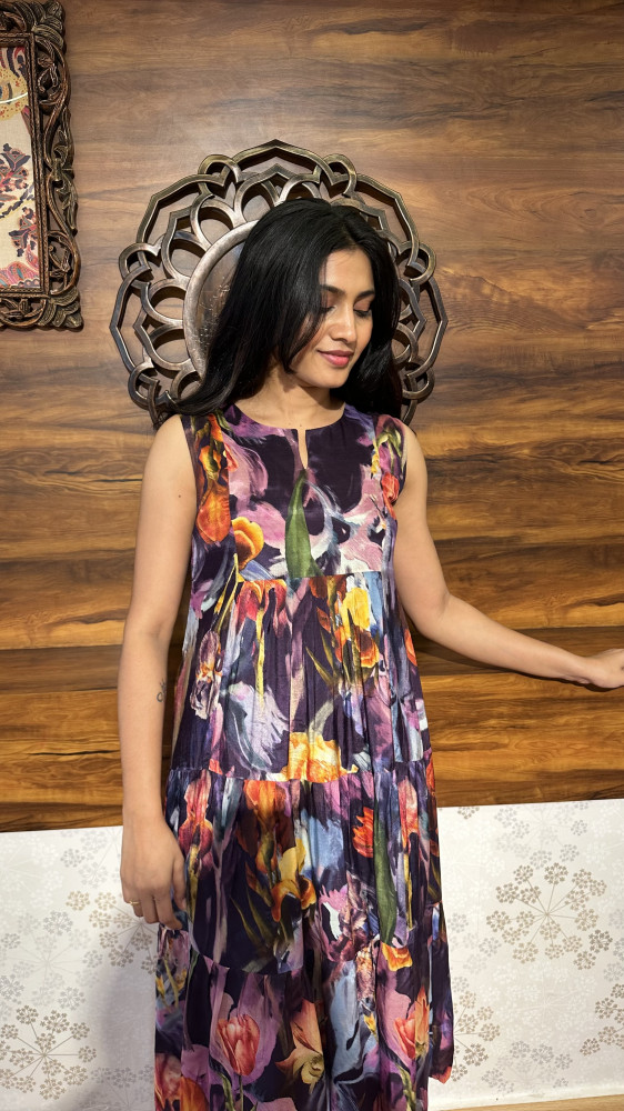 Image of Softest muslin Floral Dress With 3/4 sleeves