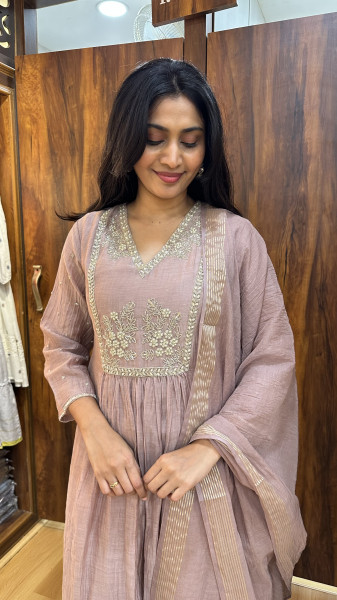 Mul chanderi kurta set with intricate hand detailing