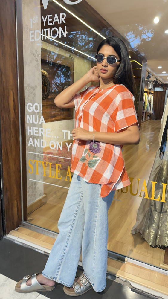 Image of Mul Cotton checkered appliqué detailed Shirt