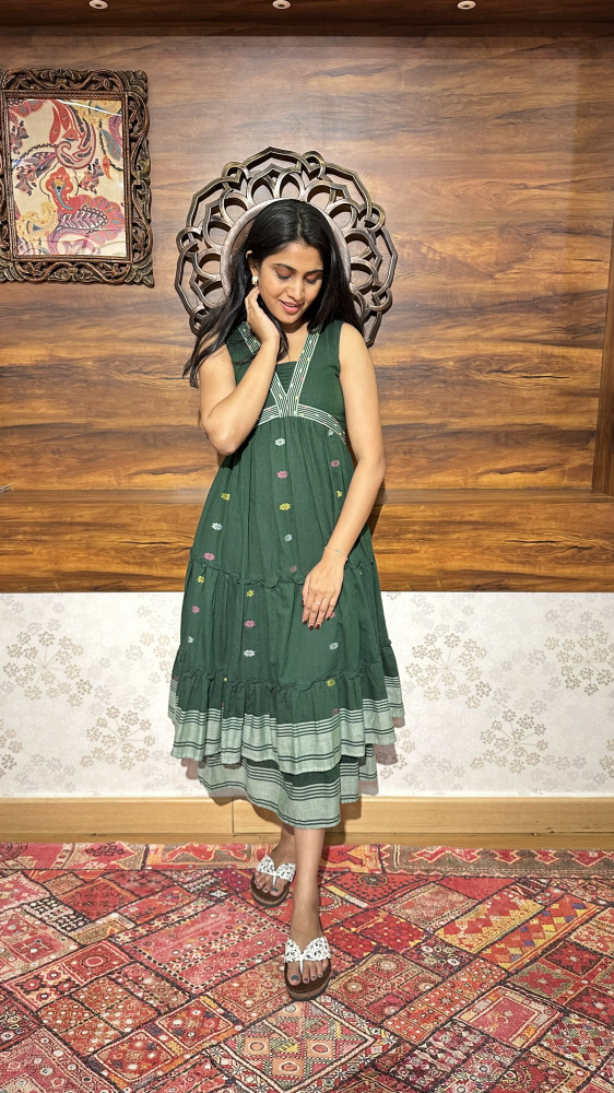 Image of Mul Cotton Jamdani dress with 3/4 sleeves