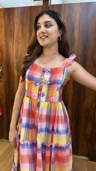 Checkered cotton embroidered Dress