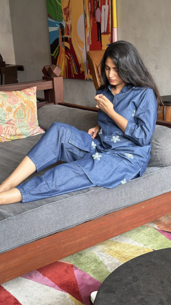 Cotton Denim embroidered Coord set with pockets