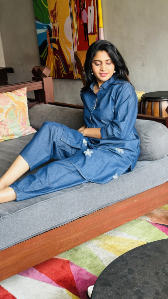 Cotton Denim embroidered Coord set with pockets