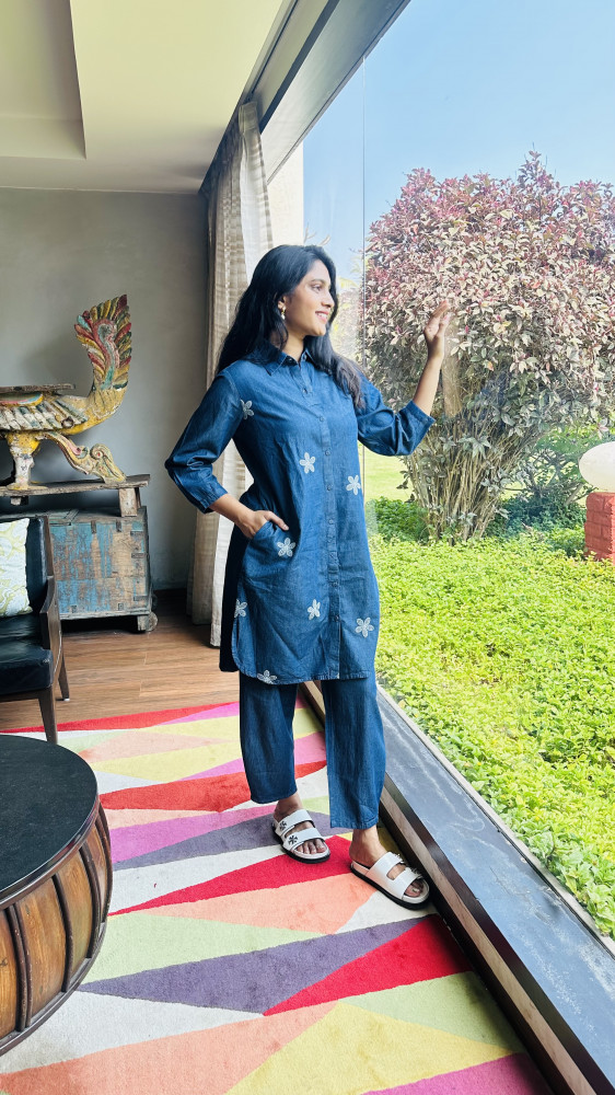 Image of Cotton Denim embroidered Coord set with pockets