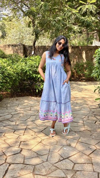 Mul Cotton Jamdani Embroidered Dress With 3/4 sleeves