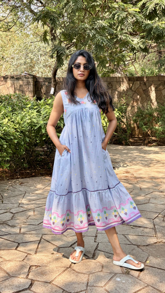 Mul Cotton Jamdani Embroidered Dress With 3/4 sleeves