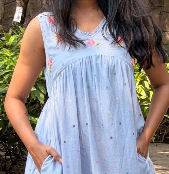 Mul Cotton Jamdani Embroidered Dress With 3/4 sleeves