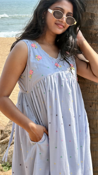 Mul Cotton Jamdani Embroidered Dress With 3/4 sleeves