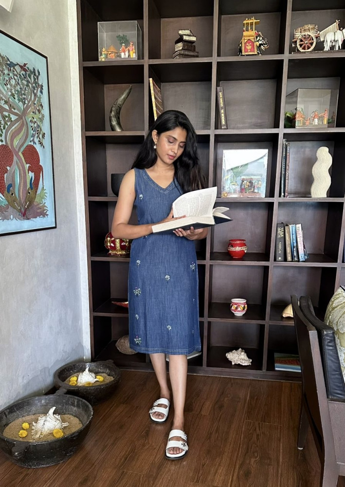 Image of Cotton Denim Embroidered dress with 3/4 sleeves and pocket