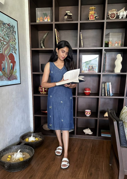 Cotton Denim Embroidered dress with 3/4 sleeves and pocket