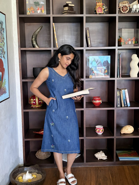 Cotton Denim Embroidered dress with 3/4 sleeves and pocket