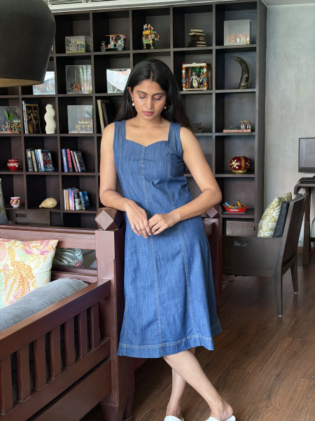 Cotton Denim princess neck A line dress with 3/4 sleeves and pocket
