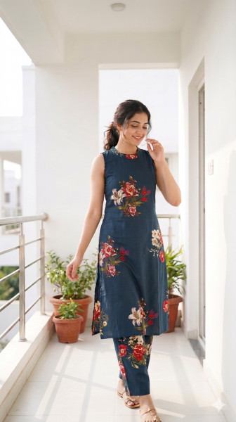 Pure cotton floral halter neck kurta paired with pants and 3/4 additional sleeves