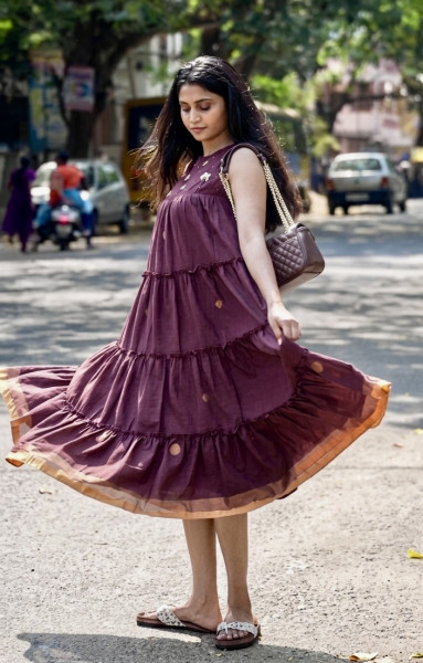 Mul cotton Jamdani embroidered Dress with pockets and 3/4 sleeves