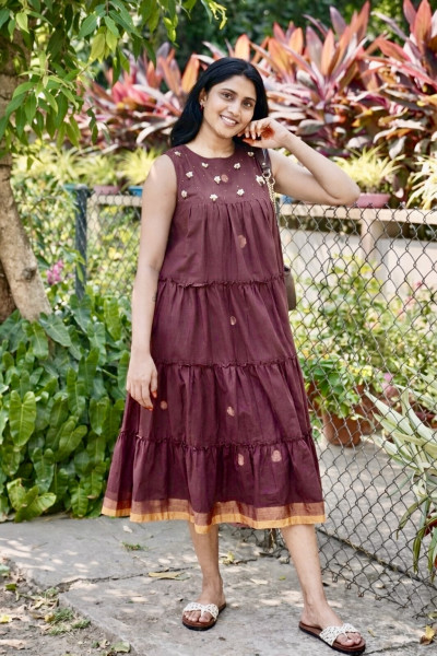 Mul cotton Jamdani embroidered Dress with pockets and 3/4 sleeves