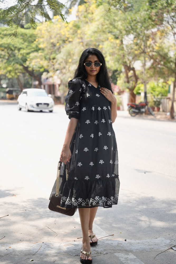 Image of Mul cotton embroidered Dress with pockets