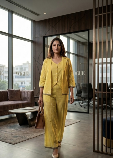 Mul cotton Jamdani  Co-ord set with waist coat and blazer