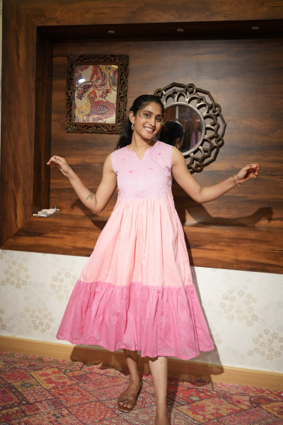 Mul cotton Heart embroidered  Dress with 3/4 sleeves
