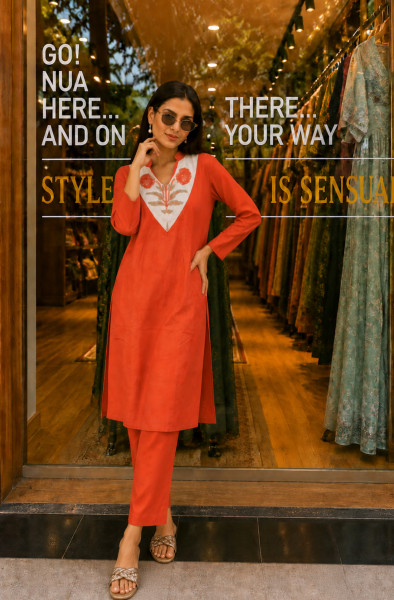 Pure cotton kurta with block print neck detailing on Kota paired with pants