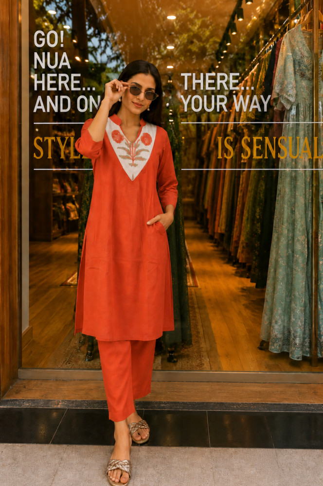 Image of Pure cotton kurta with block print neck detailing on Kota paired with pants