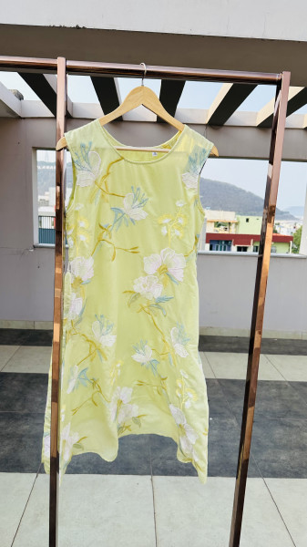 Cotton viscose front and back embroidered dress with additional 3/4 sleeves