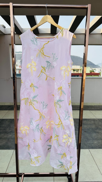 Cotton viscose front and back embroidered dress with additional 3/4 sleeves