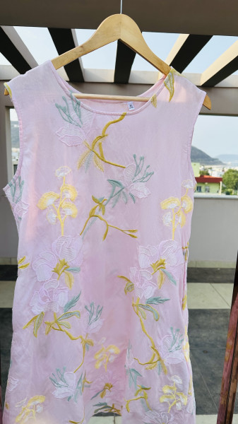 Cotton viscose front and back embroidered dress with additional 3/4 sleeves